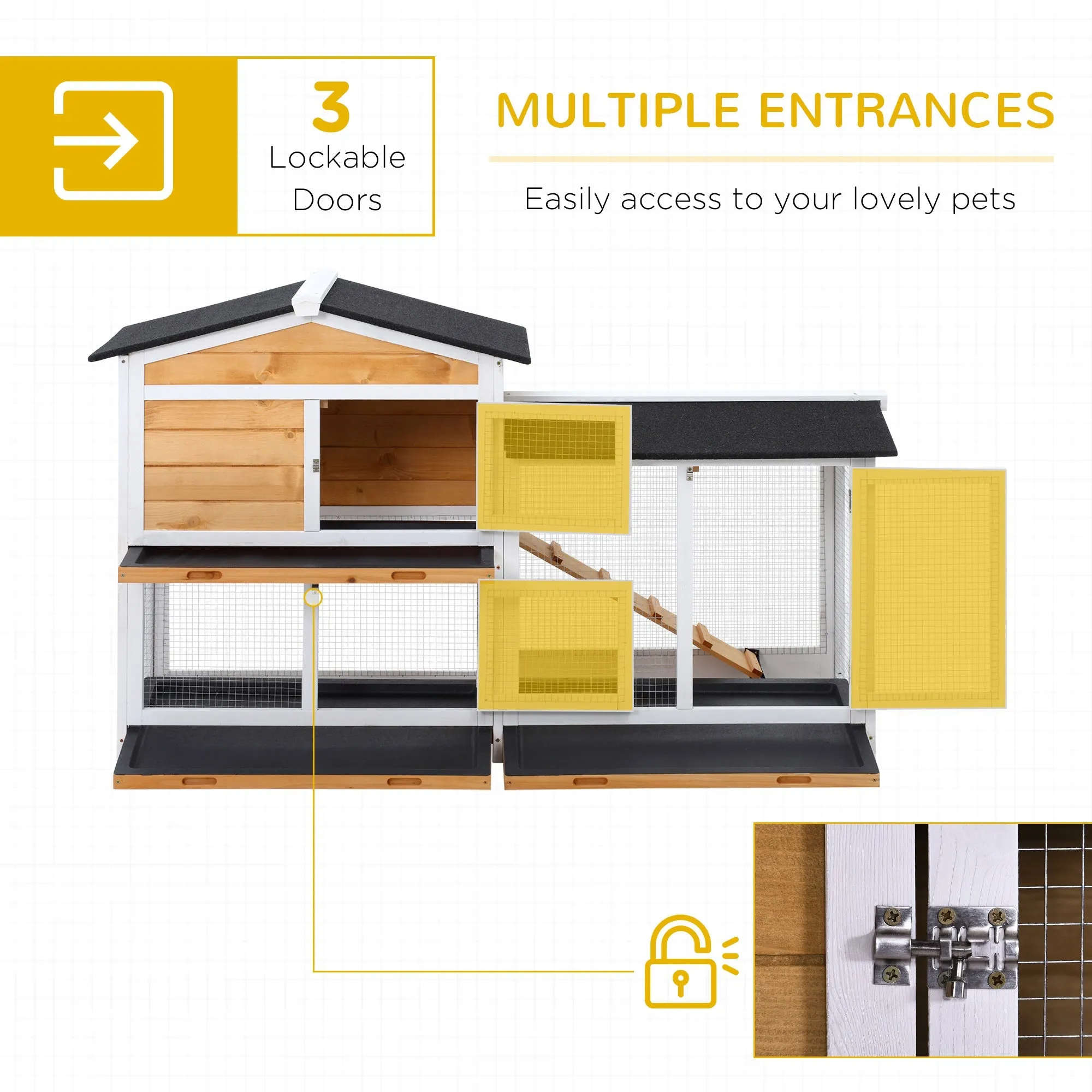 2-Tier Rabbit Hutch Wooden Guinea Pig House Pet Cage Outdoor w/ Sliding-out Tray Ramp, 157.4x53x93.5cm, Yellow