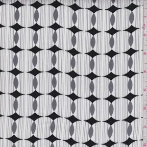 2 YD PC-White/Black/Grey Circle Stripe Rayon Challis Fabric