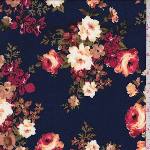 3 3/4 YD PC-ITY Indigo Multi Floral Bouquet Jersey Knit Fabric