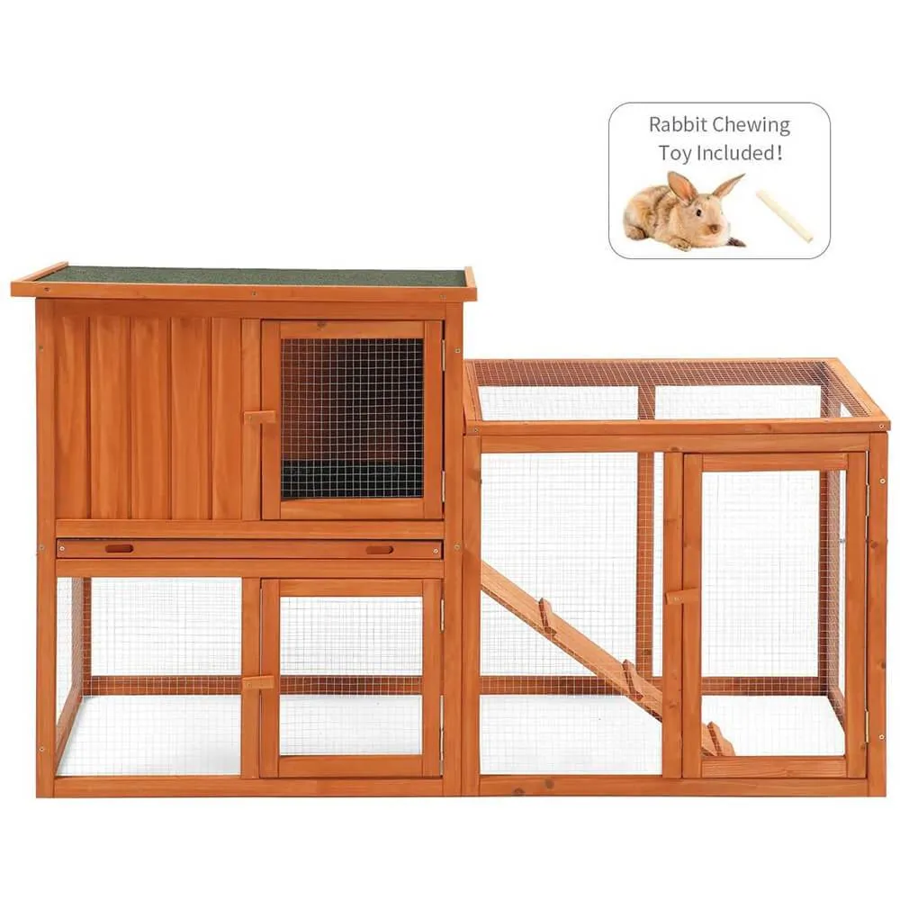 54.3" Rabbit Hutch Wooden Outdoor Open Roof Removable Tray & Ramp (Flat-Topped)