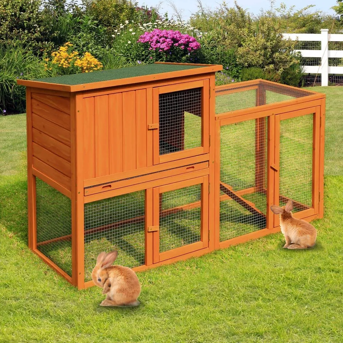 54.3" Rabbit Hutch Wooden Outdoor Open Roof Removable Tray & Ramp (Flat-Topped)