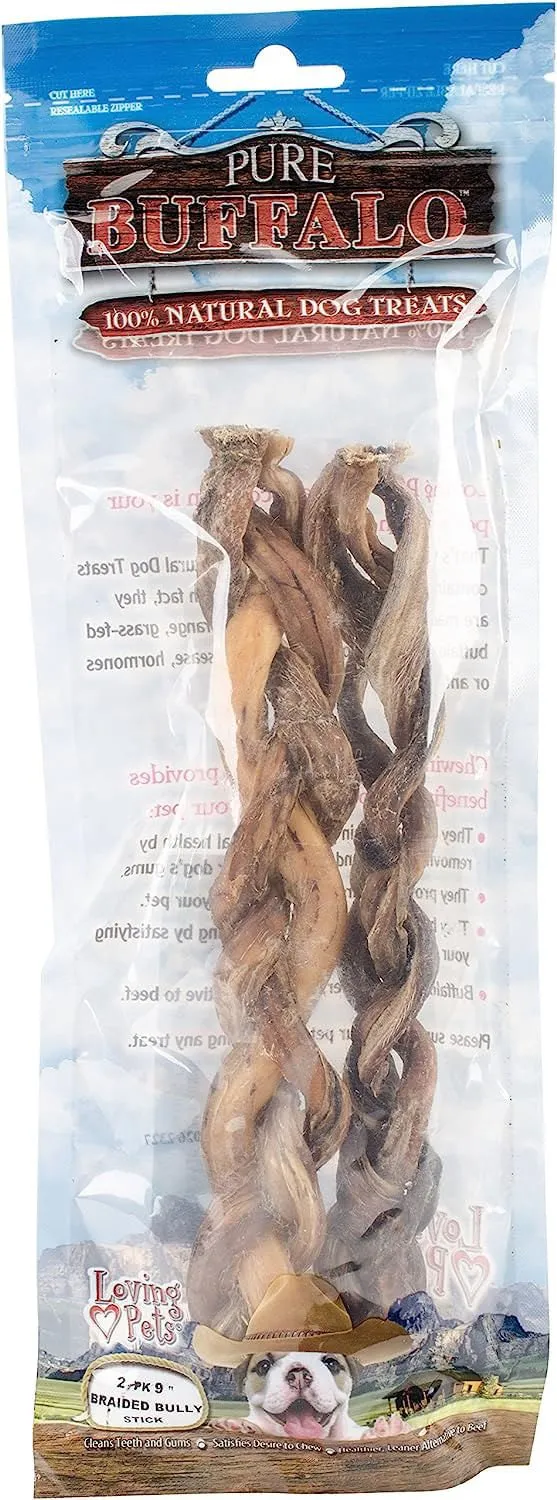 9" Pure Buffalo Braided Bully Stick, 2 PK