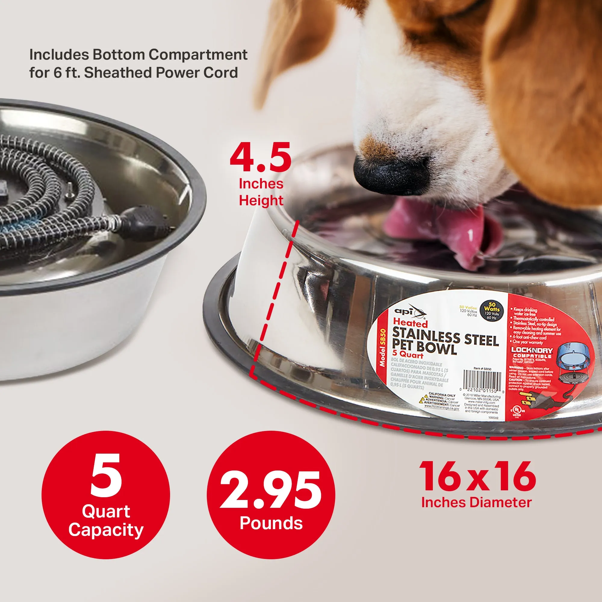 API 5 Quart Stainless Steel Thermostatically Controlled Nestable Heated Pet Bowl