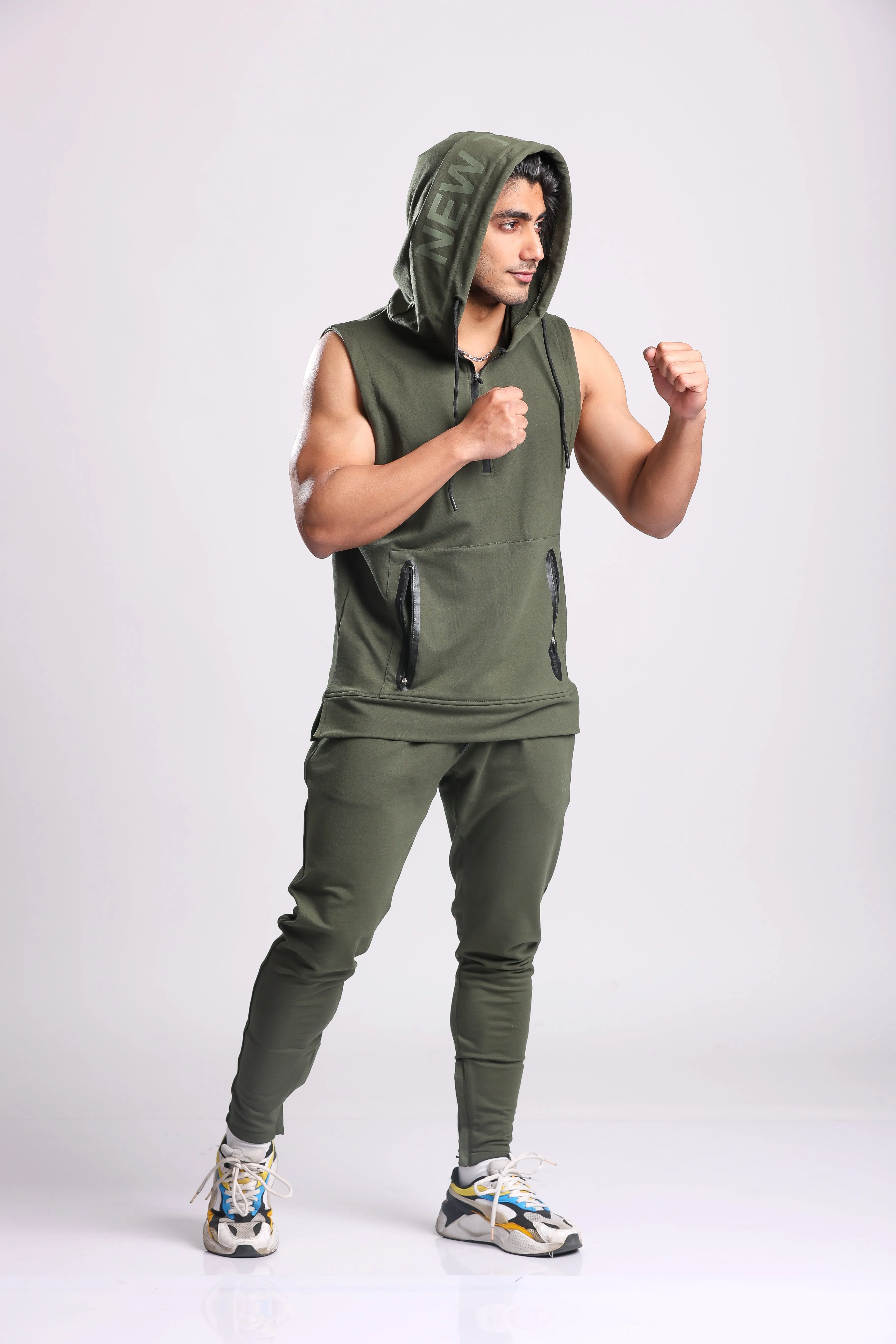 Athletic Training Sleeveless Hoodie- Olive