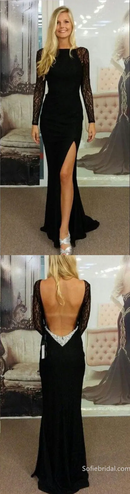 Black Jersey Lce Backless Long Sleeve Prom Dress, Evening Gown With Side Slit,SFPD0201