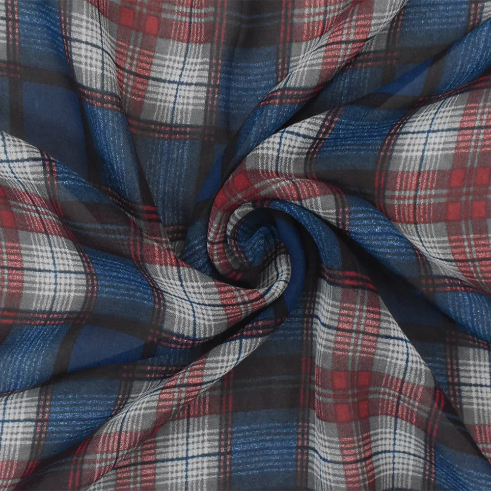 Classic Blue-Red-Multi Plaid Printed Poly Chiffon Woven Fabric