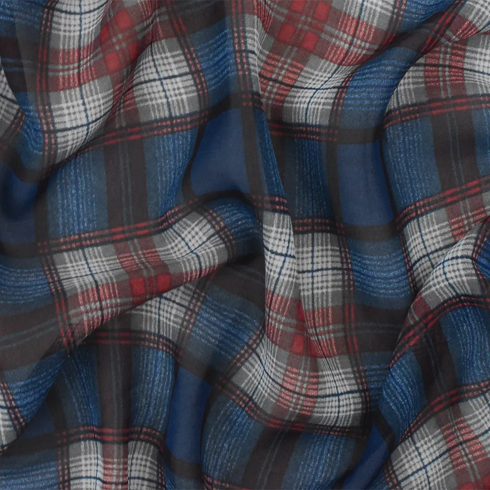 Classic Blue-Red-Multi Plaid Printed Poly Chiffon Woven Fabric