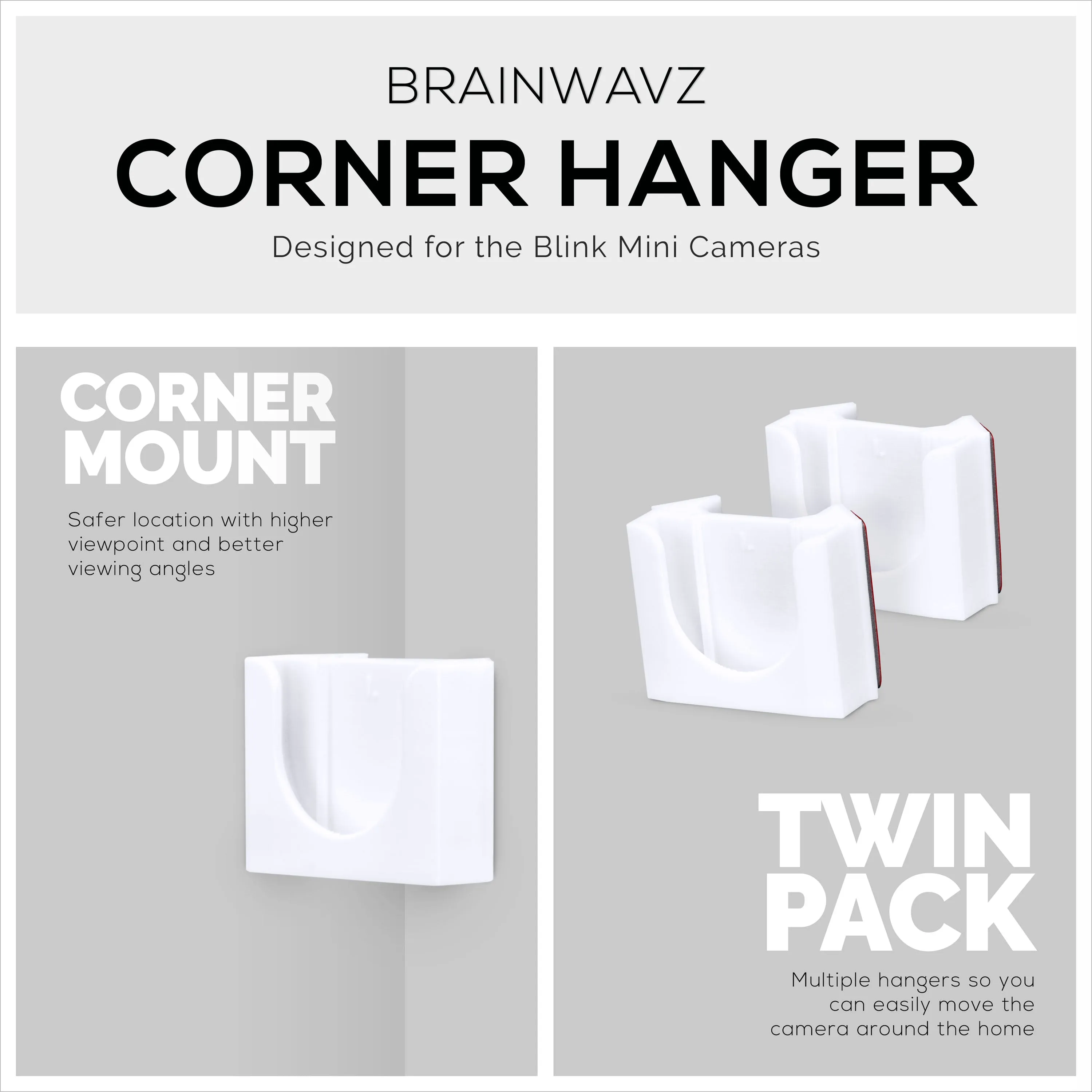 Corner Wall Mount For Blink Mini (2 Pack) Security Camera - Adhesive Holder, No Hassle Bracket, Strong 3M VHB Tape, No Screws, No Mess Install (White)