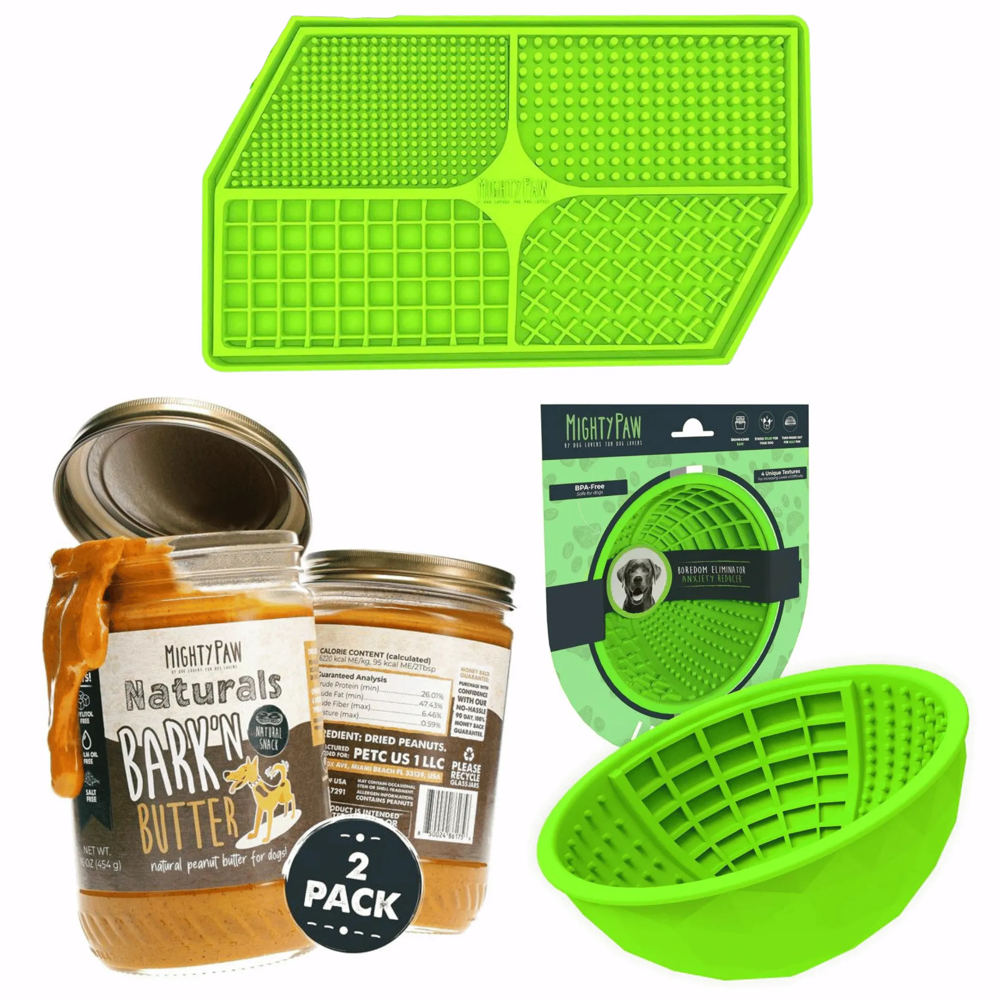 Enrichment Bundle with Dog Lick Bowl, Slow Feed Dog Bowl & Bark'n Butter