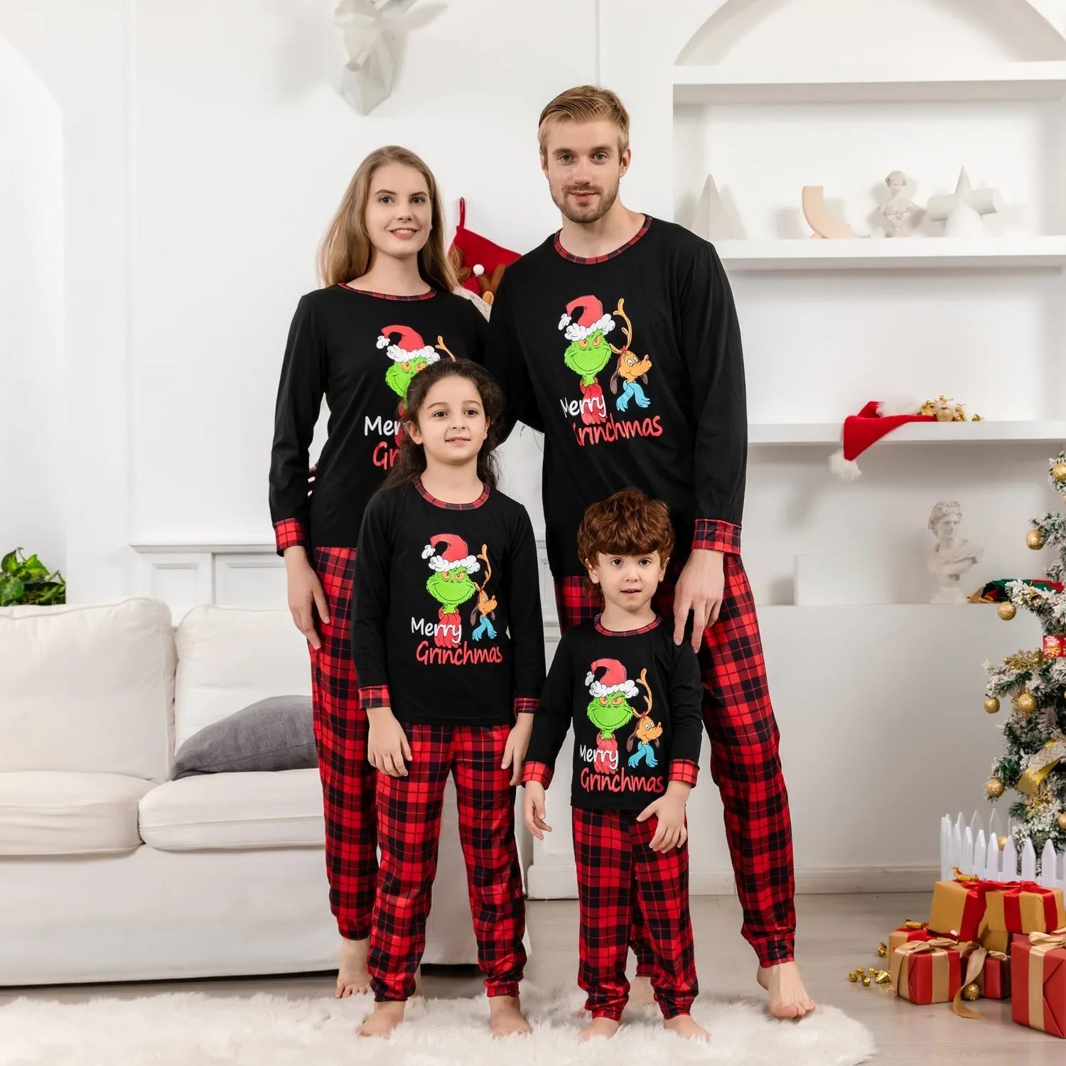 Family Matching Round Neck Pajama Set with Grinch Pattern