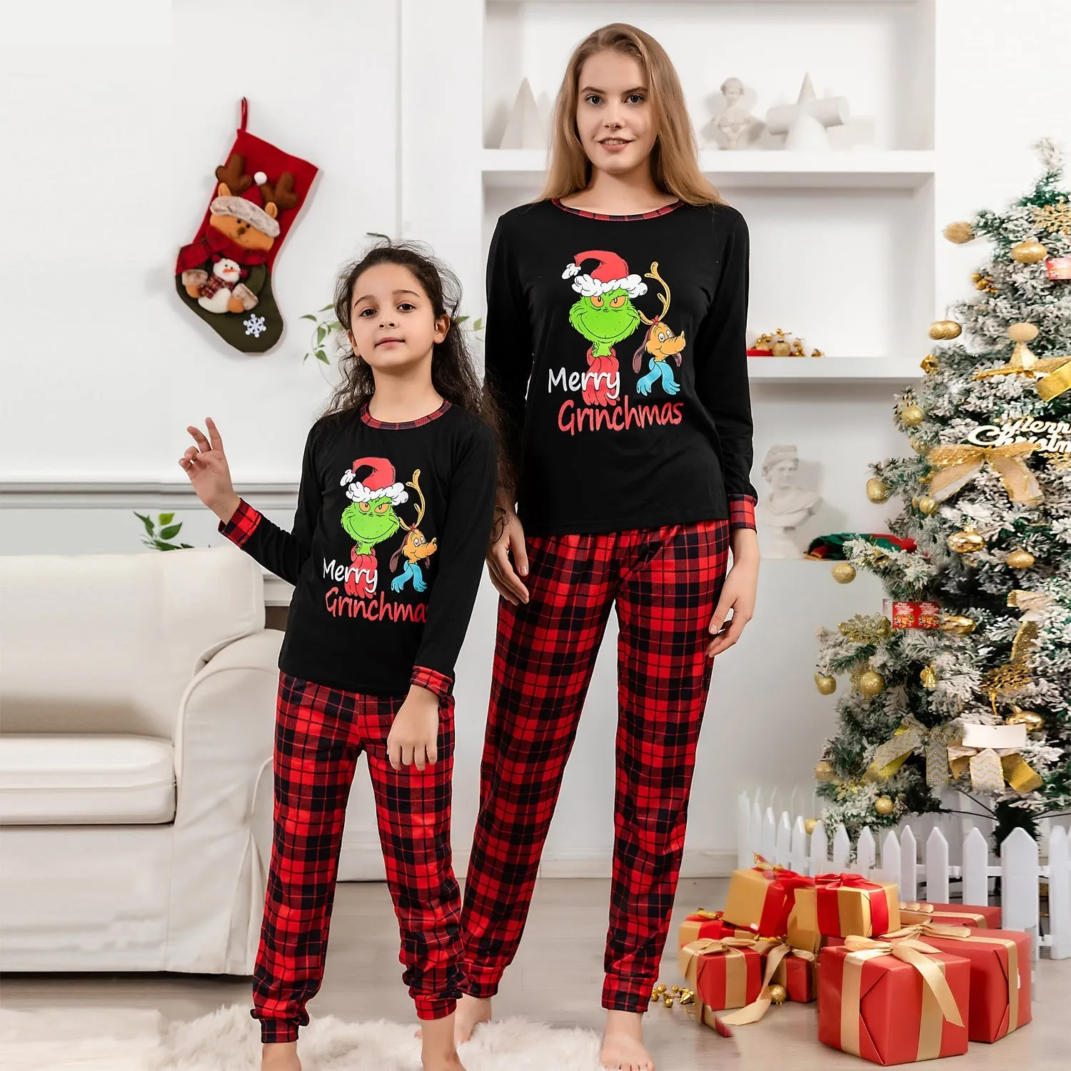 Family Matching Round Neck Pajama Set with Grinch Pattern