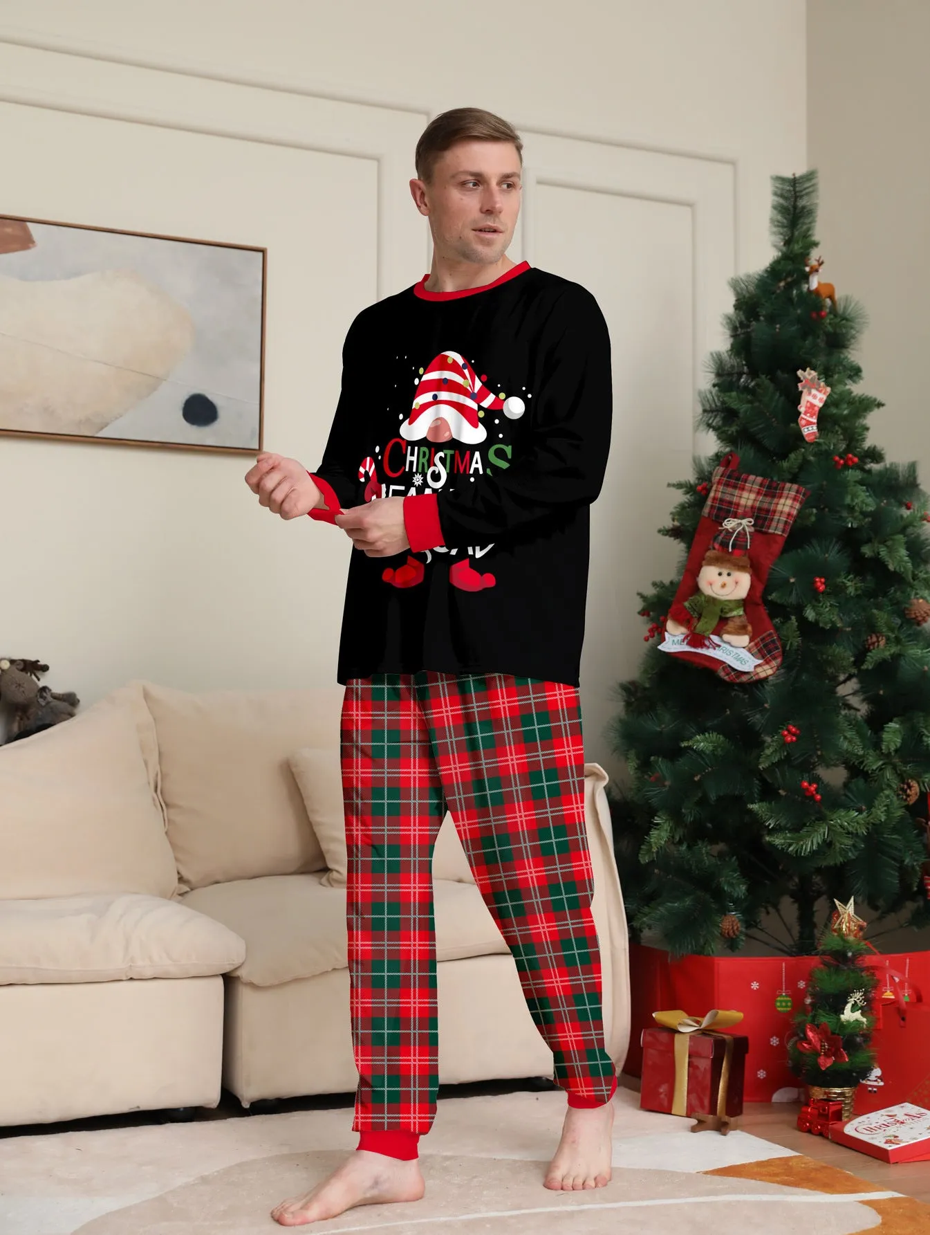 Family Parent-Child Christmas Cake Hat Plaid Pajamas Set