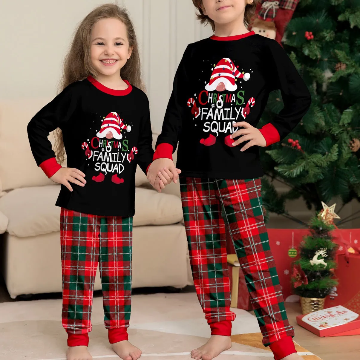 Family Parent-Child Christmas Cake Hat Plaid Pajamas Set