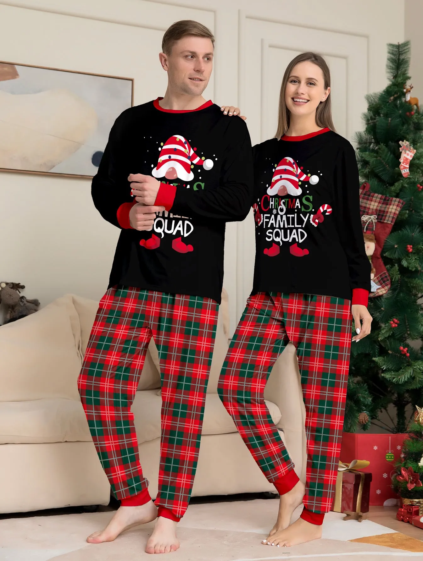 Family Parent-Child Christmas Cake Hat Plaid Pajamas Set