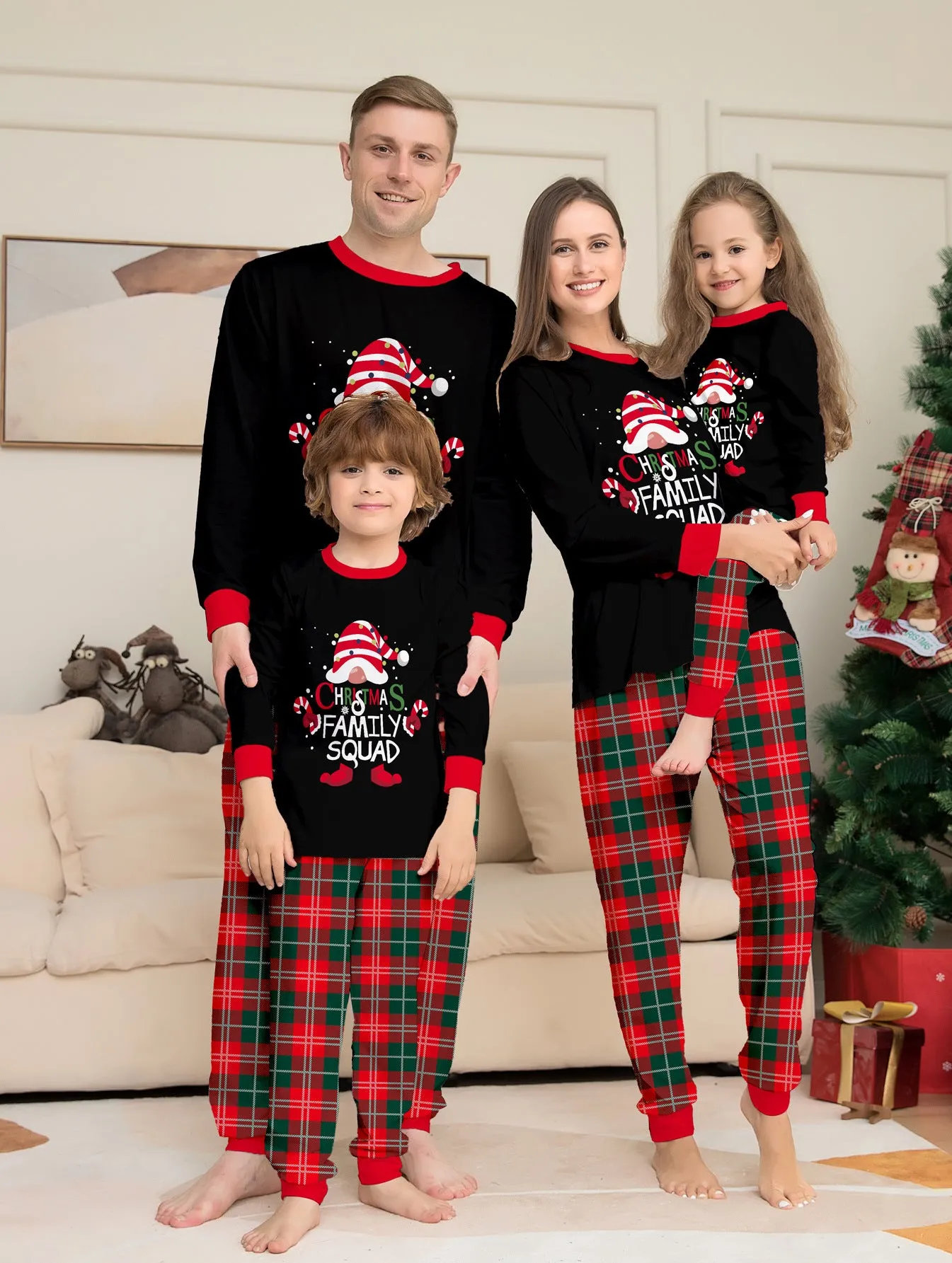 Family Parent-Child Christmas Cake Hat Plaid Pajamas Set