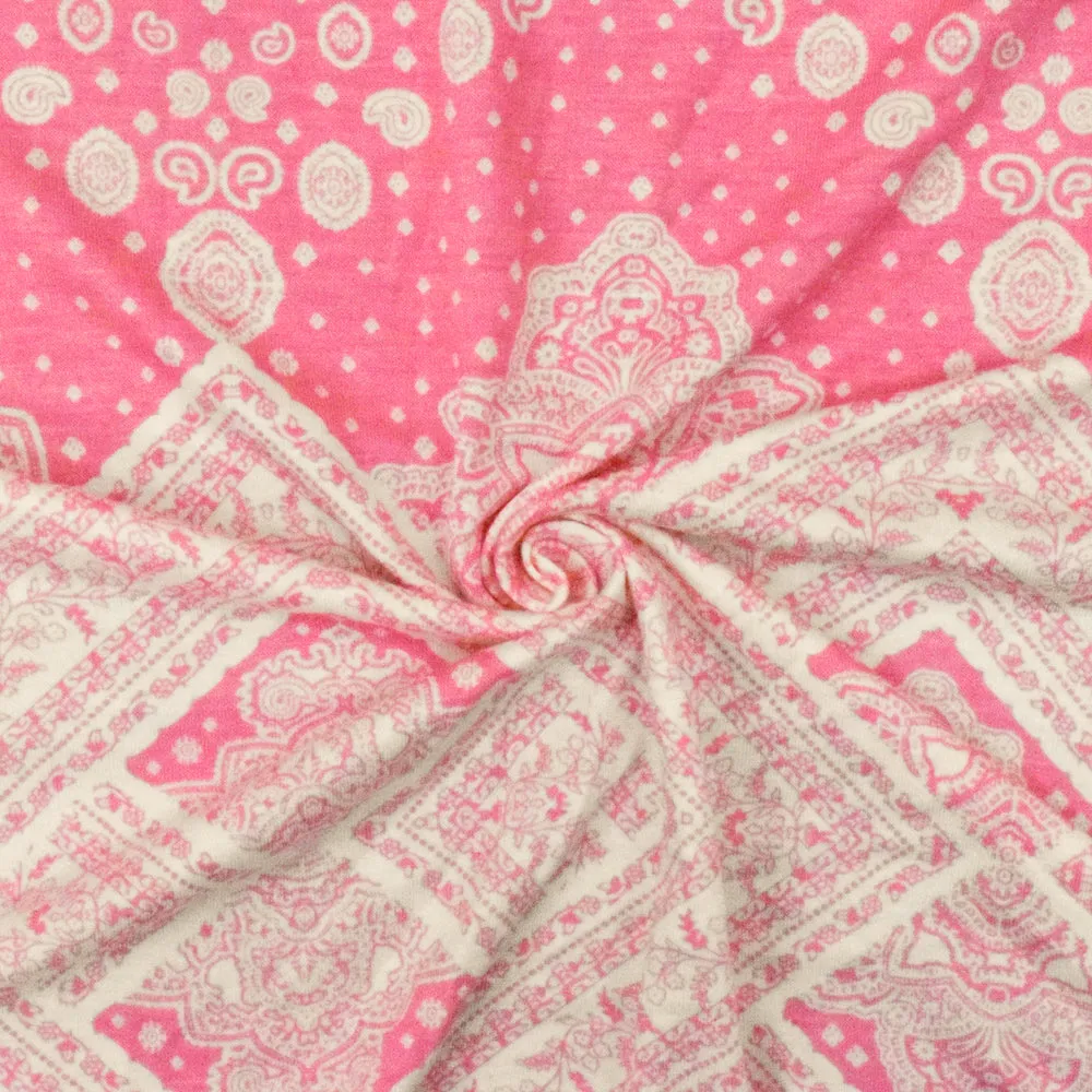 Geranium Pink-White Baroque Border Printed Stretch Rayon ITY Jersey Fabric