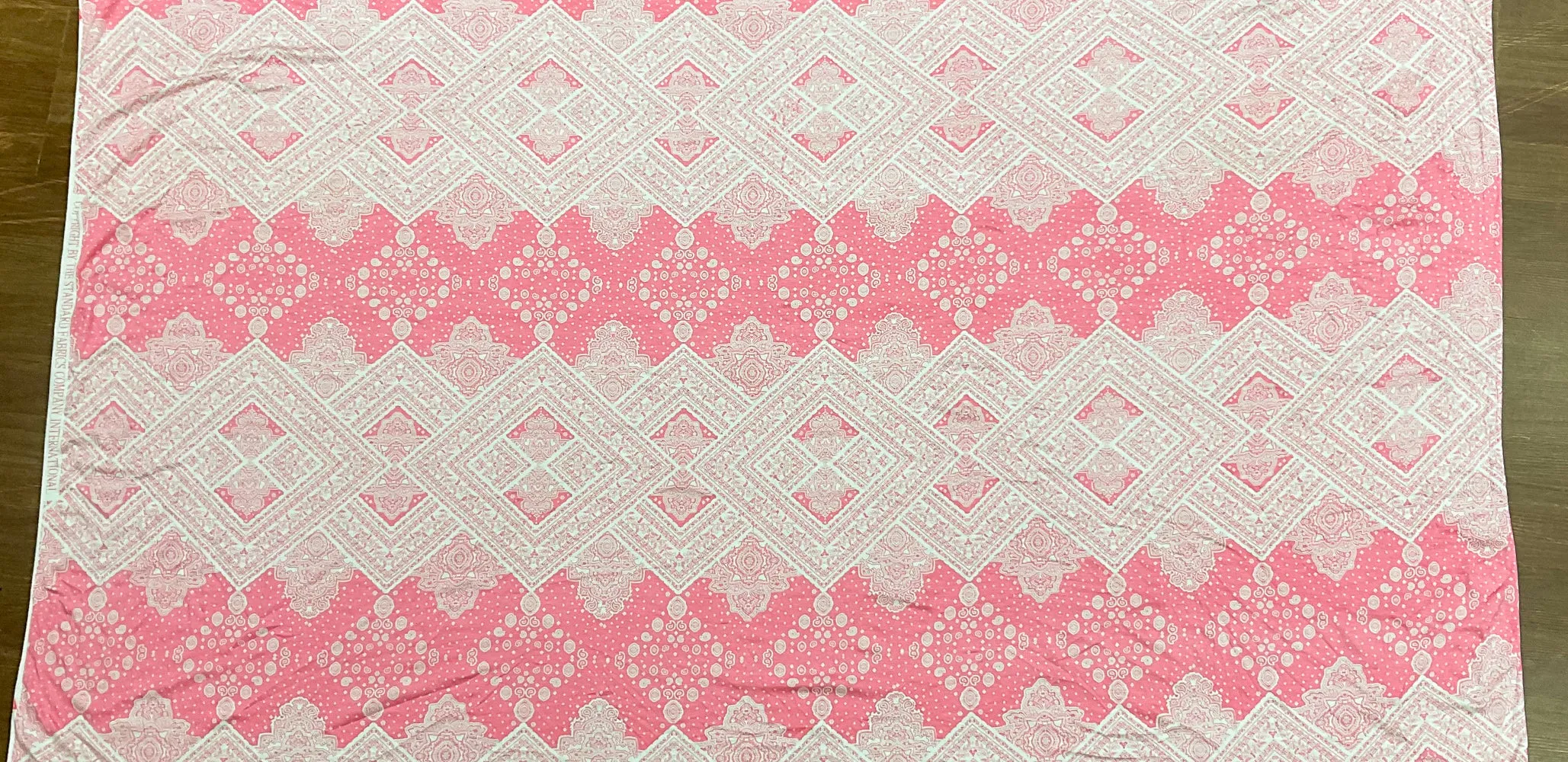 Geranium Pink-White Baroque Border Printed Stretch Rayon ITY Jersey Fabric