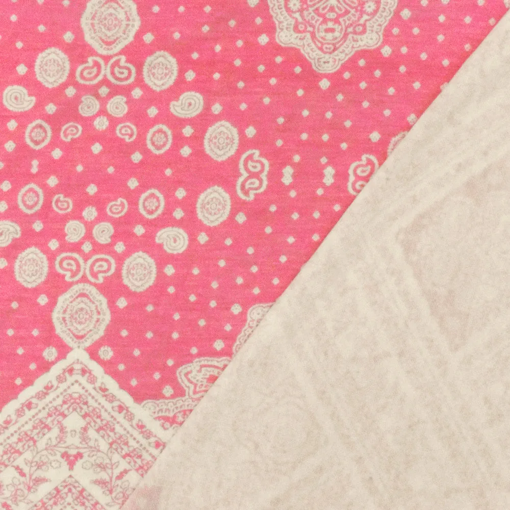 Geranium Pink-White Baroque Border Printed Stretch Rayon ITY Jersey Fabric