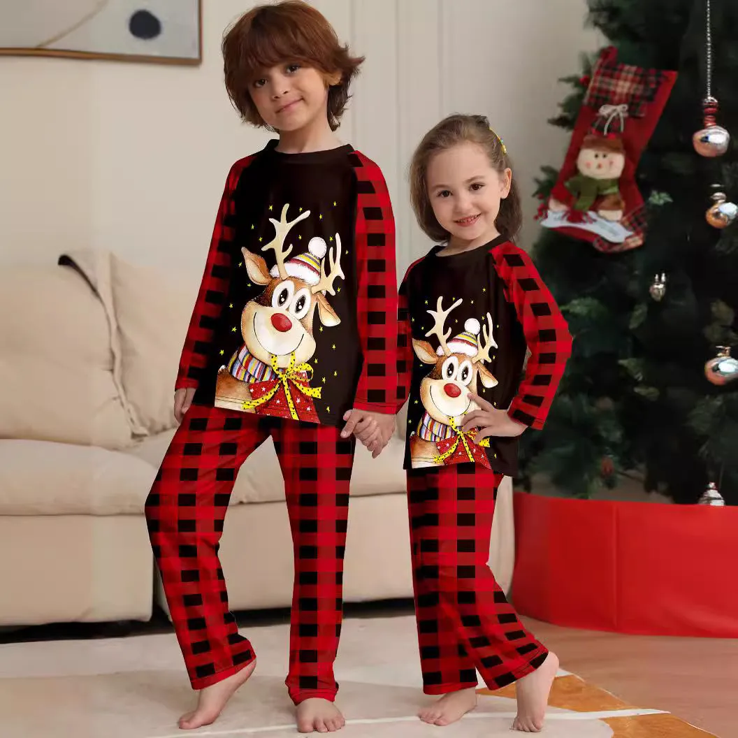 Golden Fawn Cartoon Print Christmas Plaid Family Pajama Set