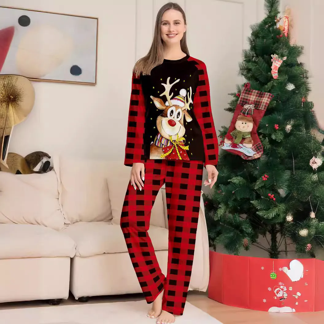 Golden Fawn Cartoon Print Christmas Plaid Family Pajama Set