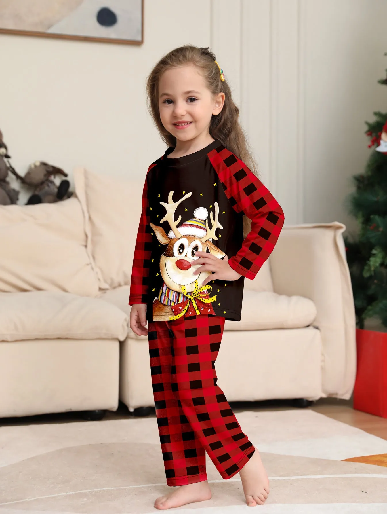 Golden Fawn Cartoon Print Christmas Plaid Family Pajama Set