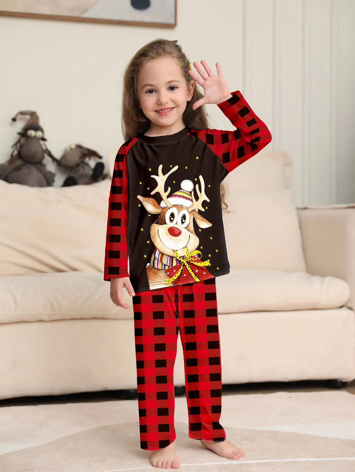 Golden Fawn Cartoon Print Christmas Plaid Family Pajama Set