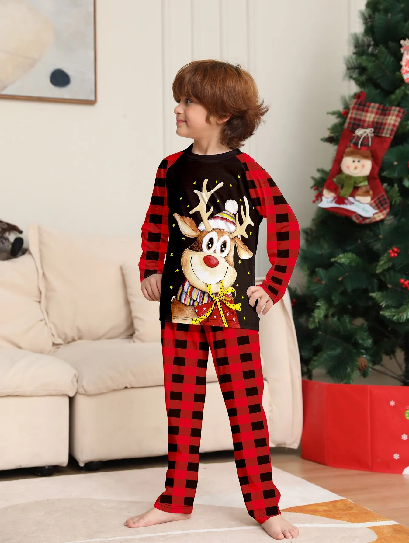 Golden Fawn Cartoon Print Christmas Plaid Family Pajama Set