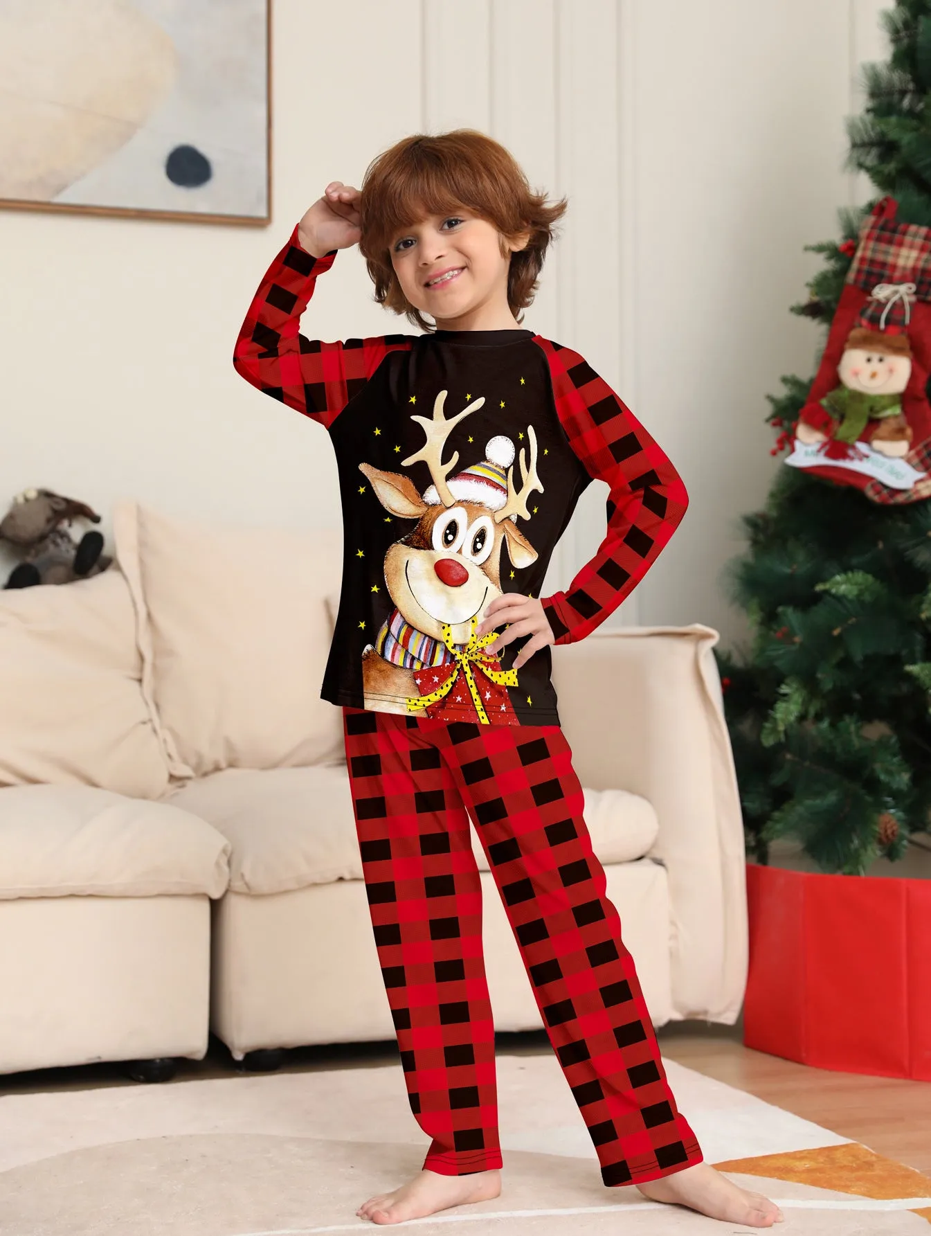 Golden Fawn Cartoon Print Christmas Plaid Family Pajama Set