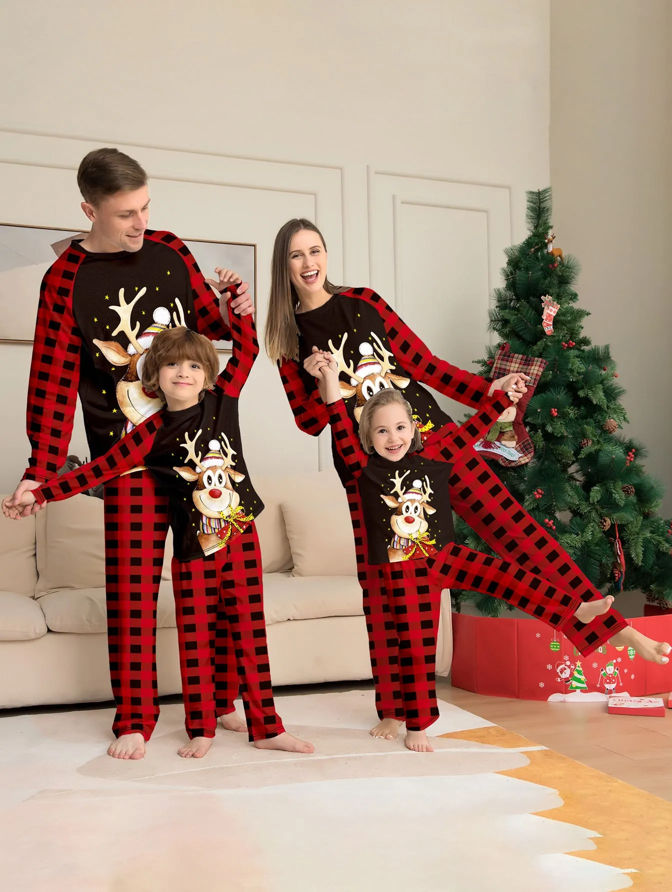 Golden Fawn Cartoon Print Christmas Plaid Family Pajama Set