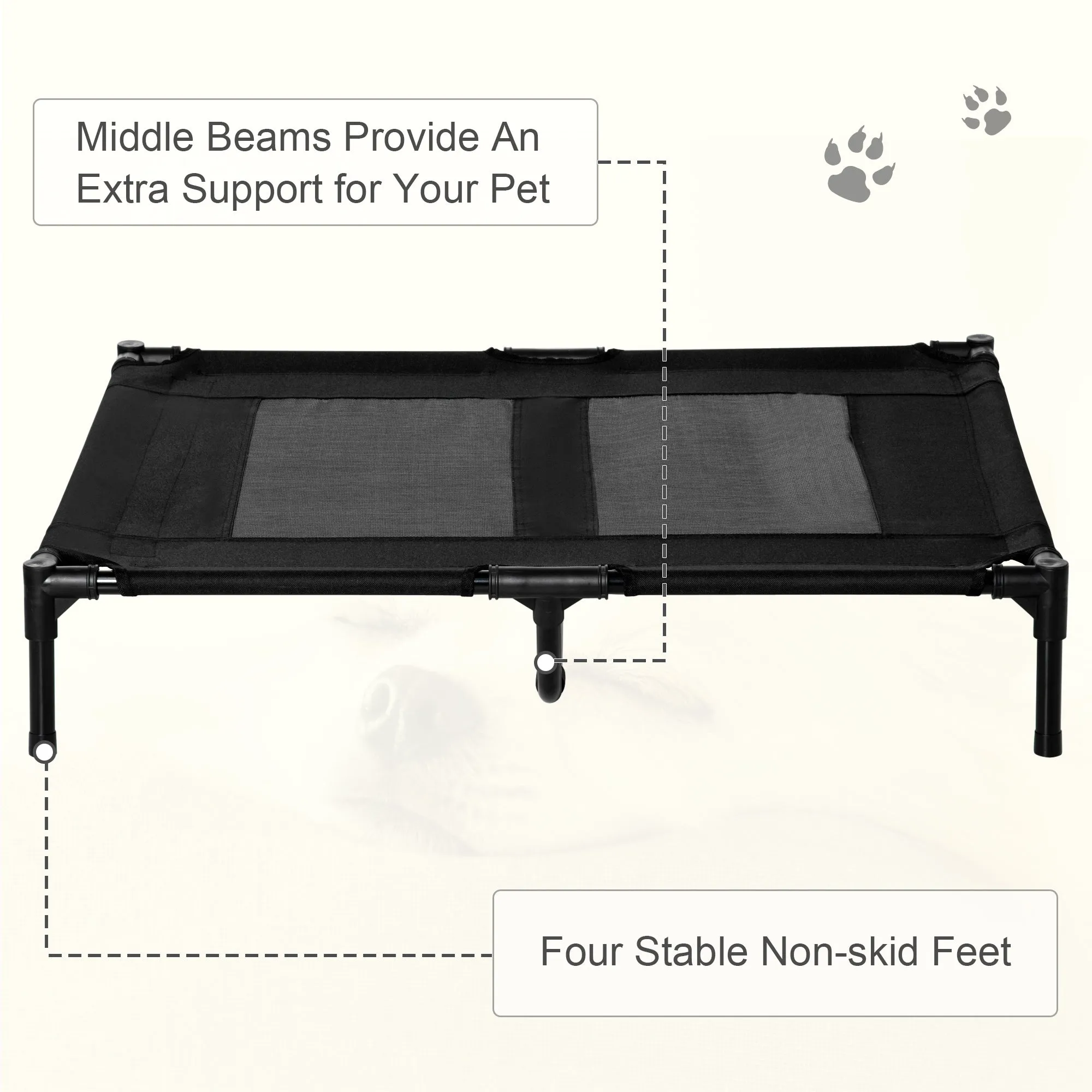 Large Elevated Dog Bed Cat Elevated Lifted Cooling Portable Camping Basket Outdoor Indoor Mesh Pet Cot Metal Frame, Black