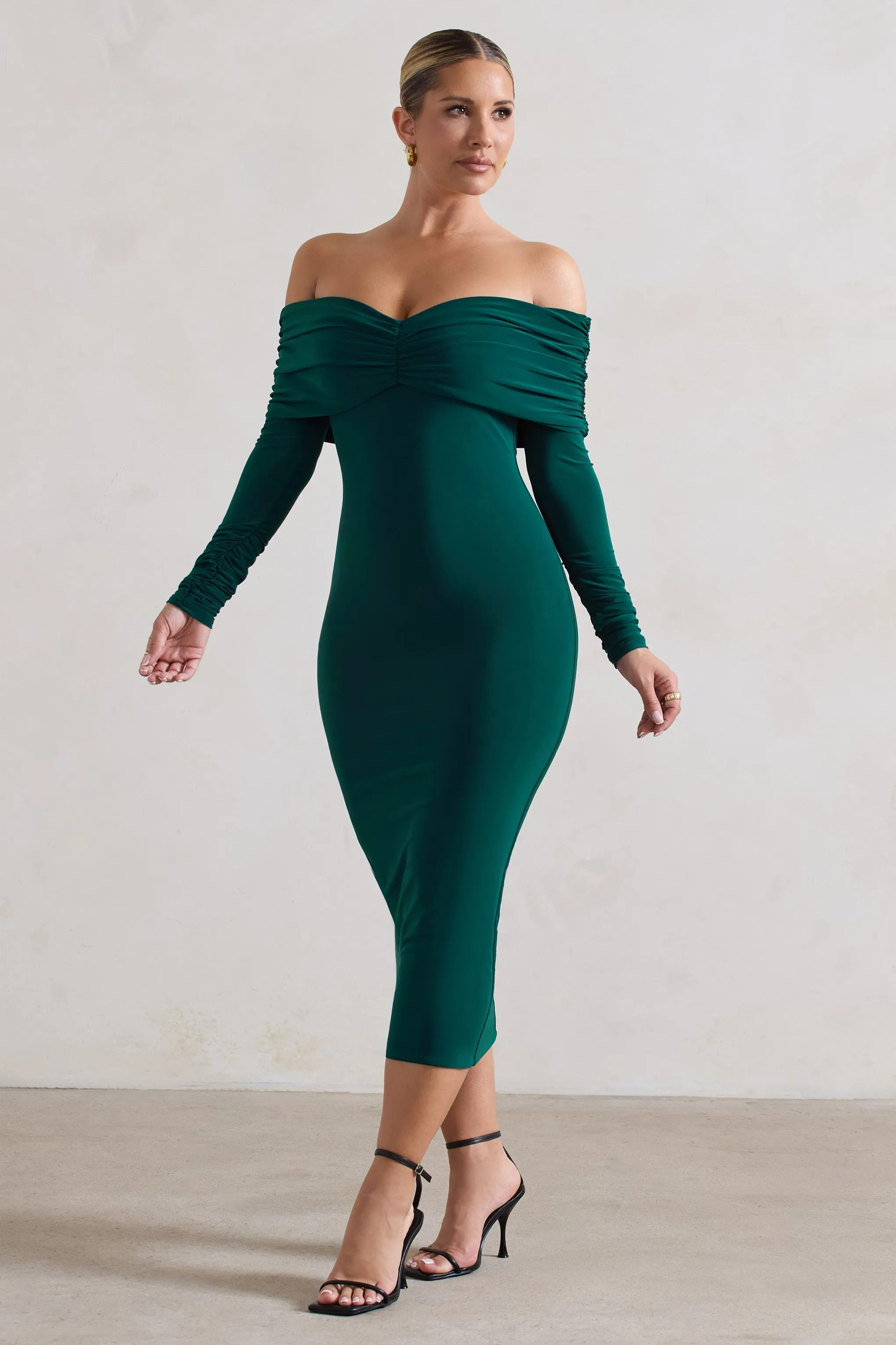 Marcella | Bottle Green Bodycon Bardot Midi Dress