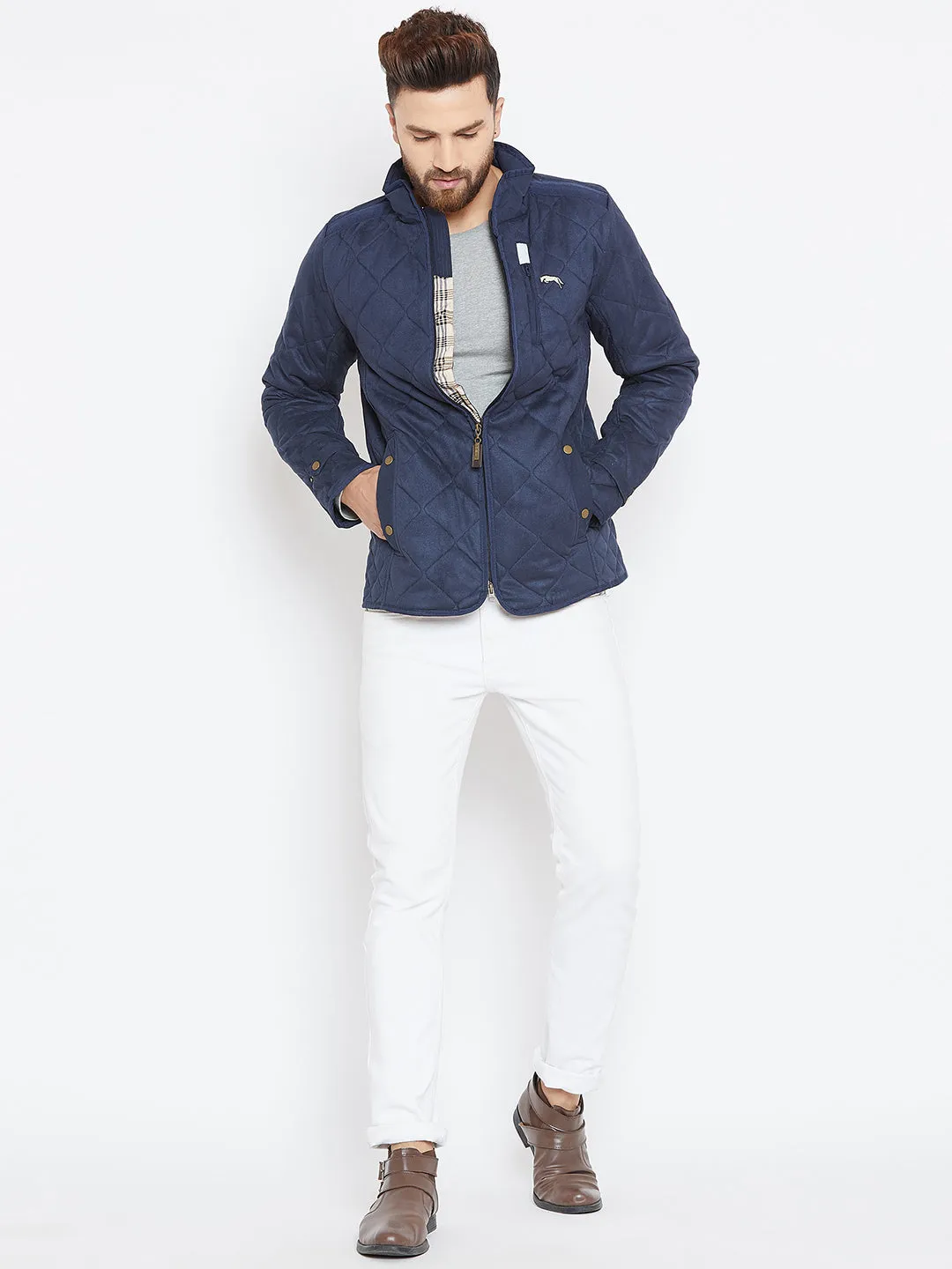 Men Navy Blue Solid Quilted Jacket