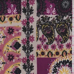 Pale Tan/Magenta/Black Patchwork Slubbed Challis Fabric