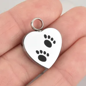 PET Cremation Ash Urn Charm Paw Print Locket Titanium Steel Heart 25mm x 20mm chs5909