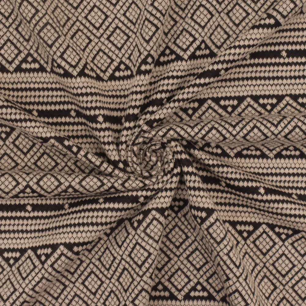 Sand Beige-Black Aztec Jacquard Stretch Polyester Double Knit Fabric