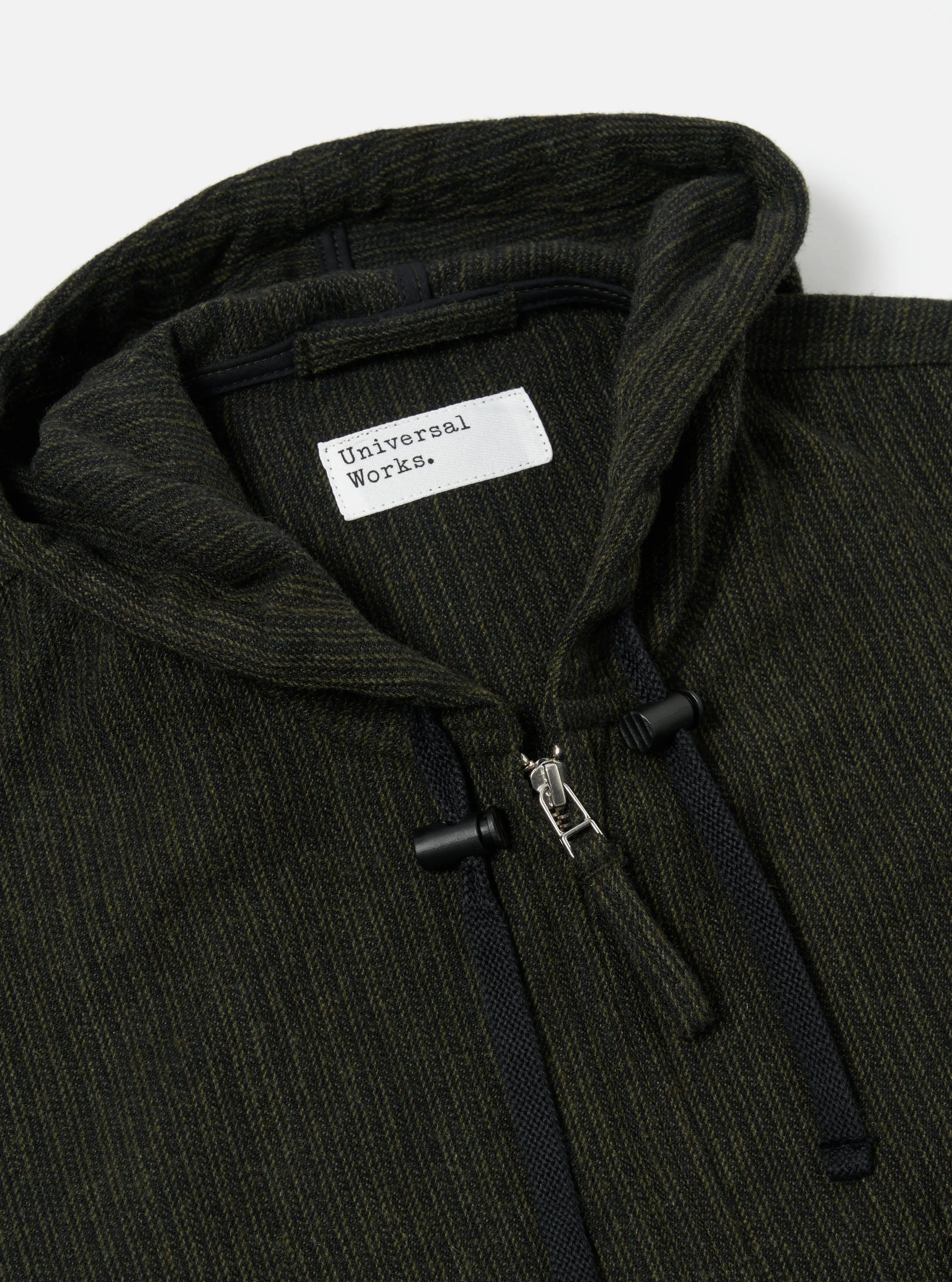 Universal Works Fistral II Jacket in Black/Olive Stripe Wool Mix