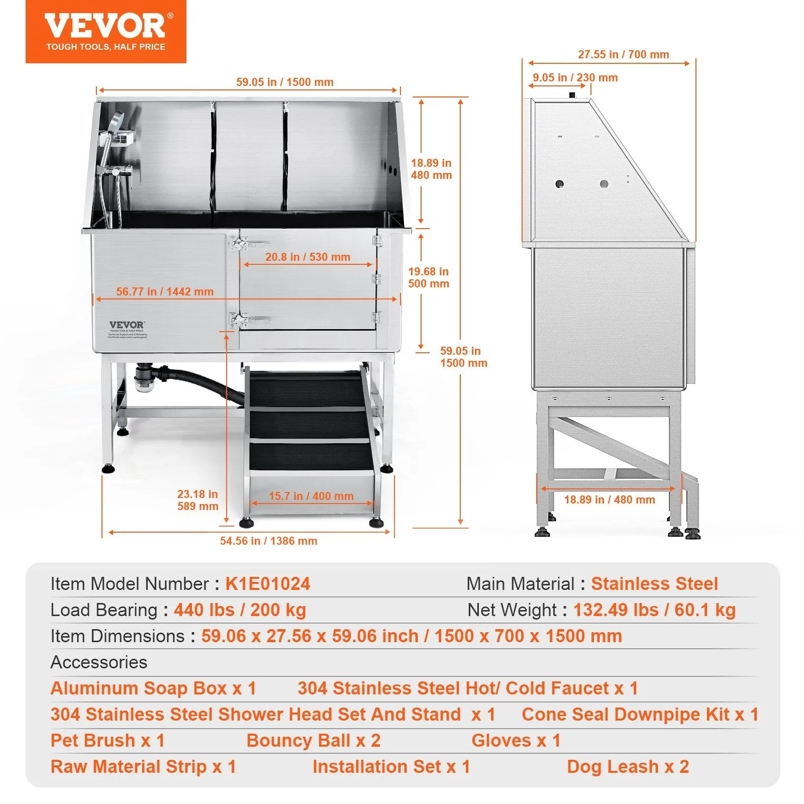 Vevor 62" Dog Grooming Tub Stainless Steel 440 Lbs. Capacity with Right Door and Ramp New