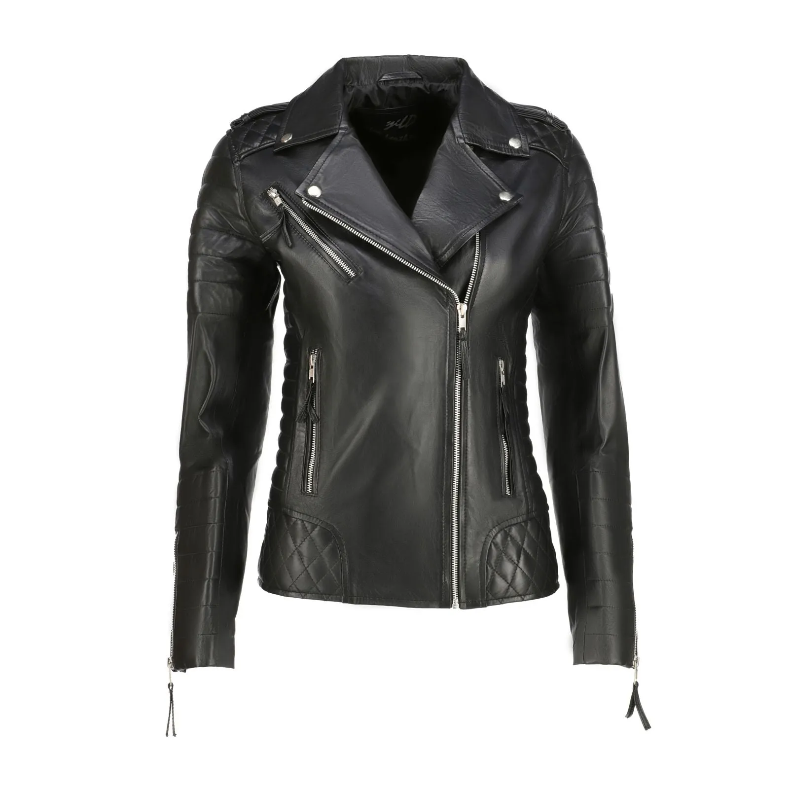 Womens Quilted Leather Quilted Jacket-Black